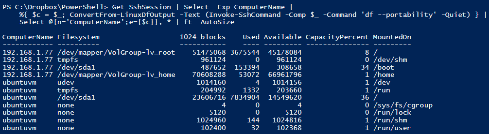 Example of parsing Linux 'df' output in PowerShell